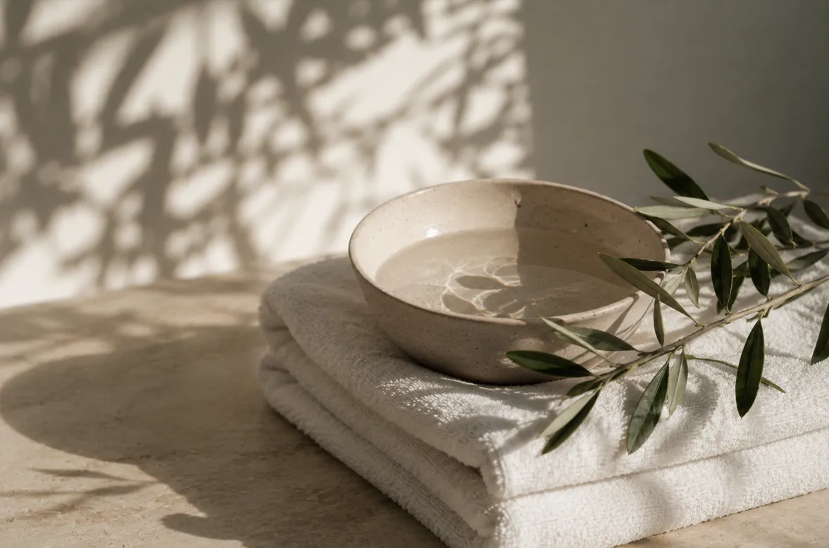 A ceramic bowl, folded towels and botanical elements