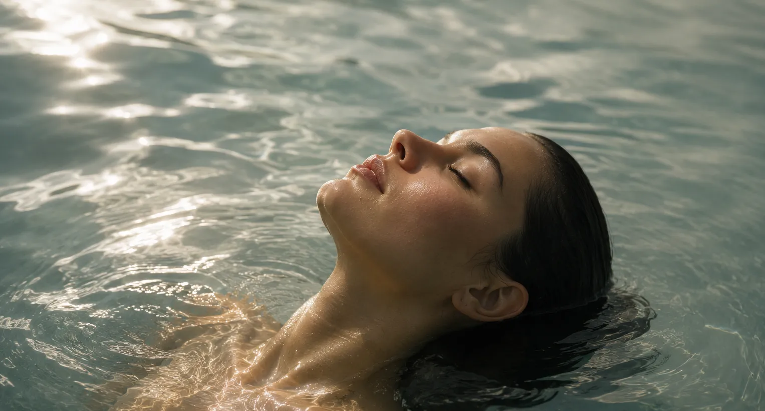 Woman floating calmly in water with sunlight reflections