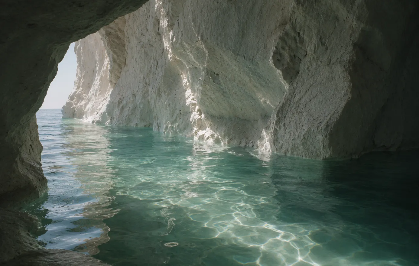 Light reflecting through a quiet ocean cave