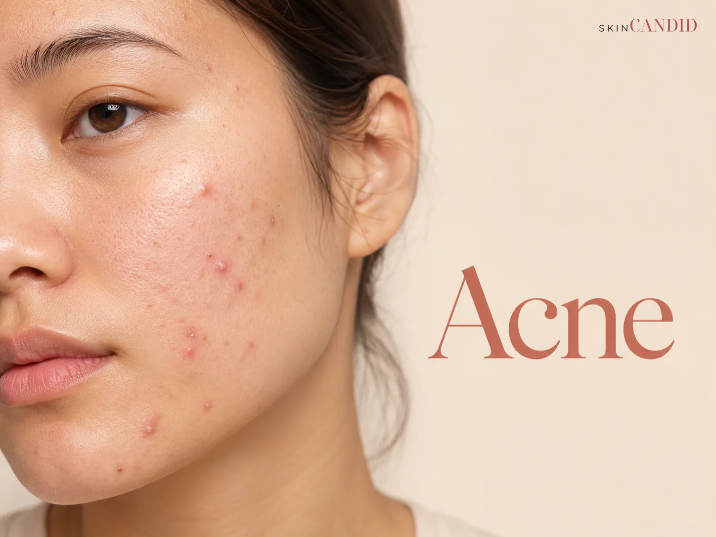Close-up of a cheek and jawline with mild-to-moderate inflammatory acne, closed comedones and flat post-acne marks on naturally textured skin.