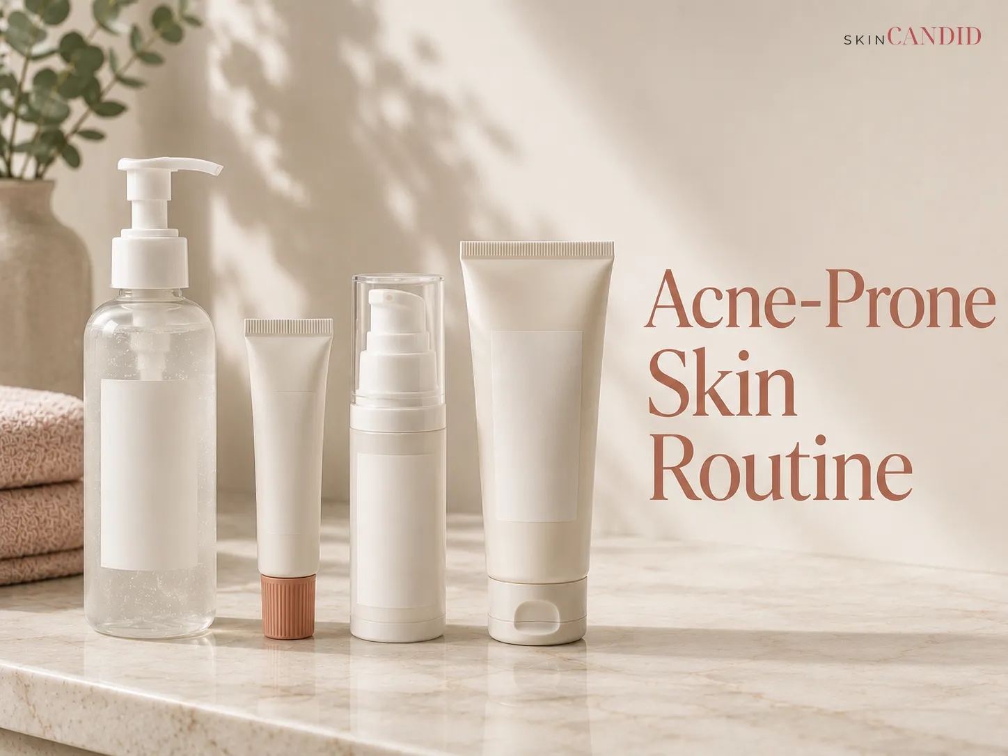 Unbranded cleanser, acne treatment, moisturizer and sunscreen arranged for an acne-prone skin routine.