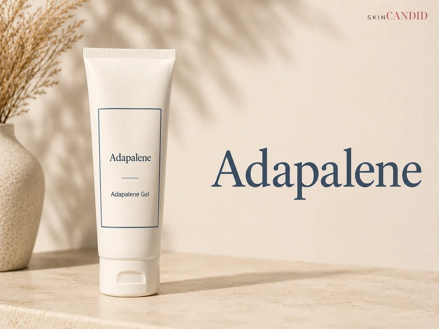 Opaque adapalene gel tube beside the large title “Adapalene” on a warm pale background.