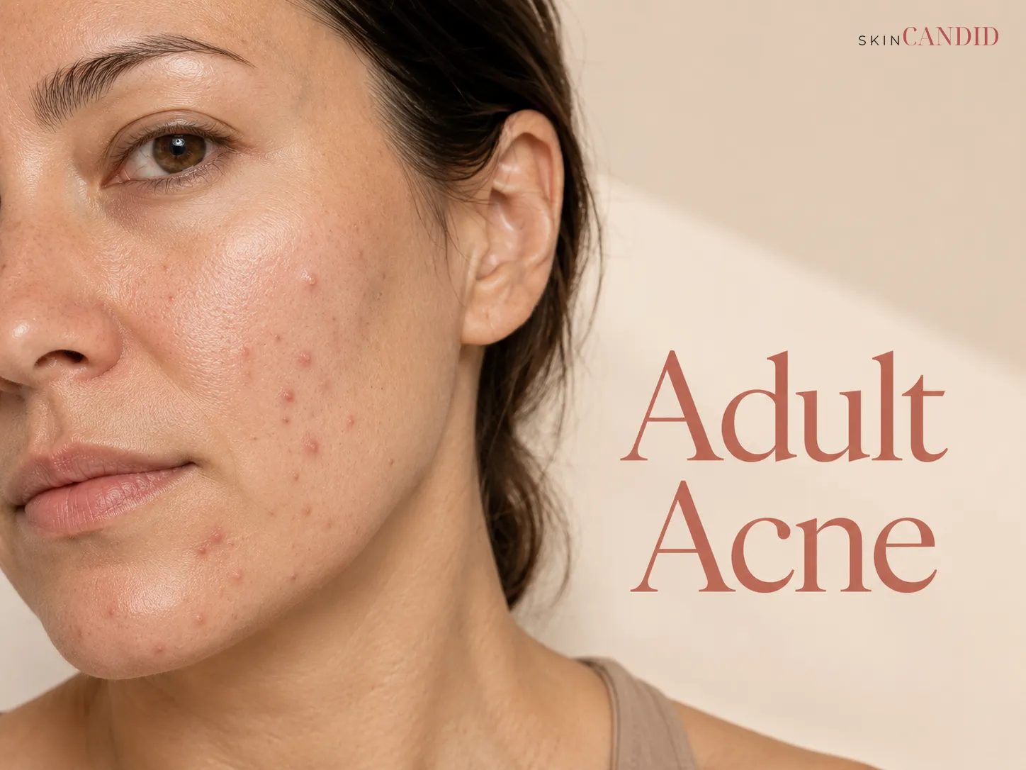 Adult face with mild-to-moderate acne on the cheek, chin and lower face, including papules, small pustules, comedones and flat healing marks.