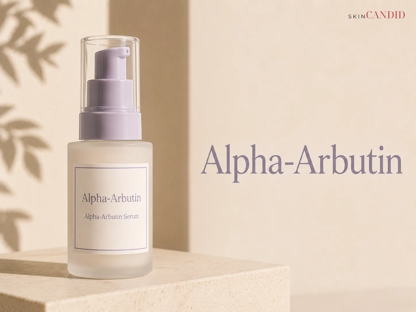 Alpha-arbutin serum bottle in frosted or opaque packaging on a warm neutral background beside the title Alpha-Arbutin.