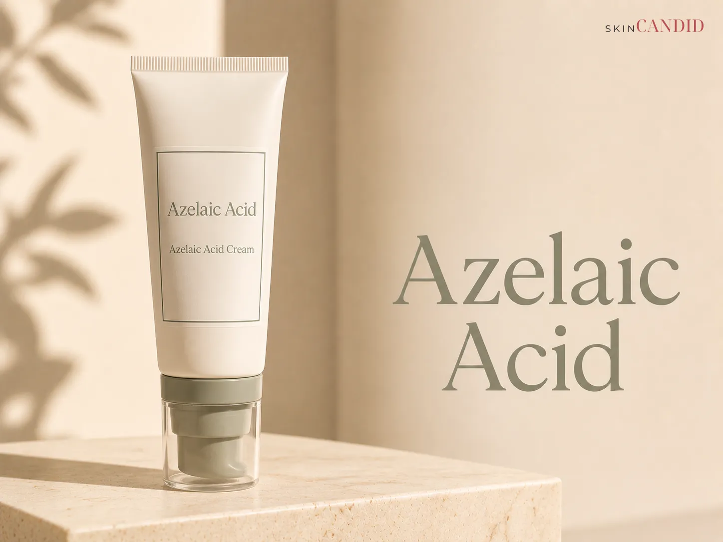 Azelaic acid cream in an opaque airless pump or squeeze tube on a warm neutral background beside the title Azelaic Acid.