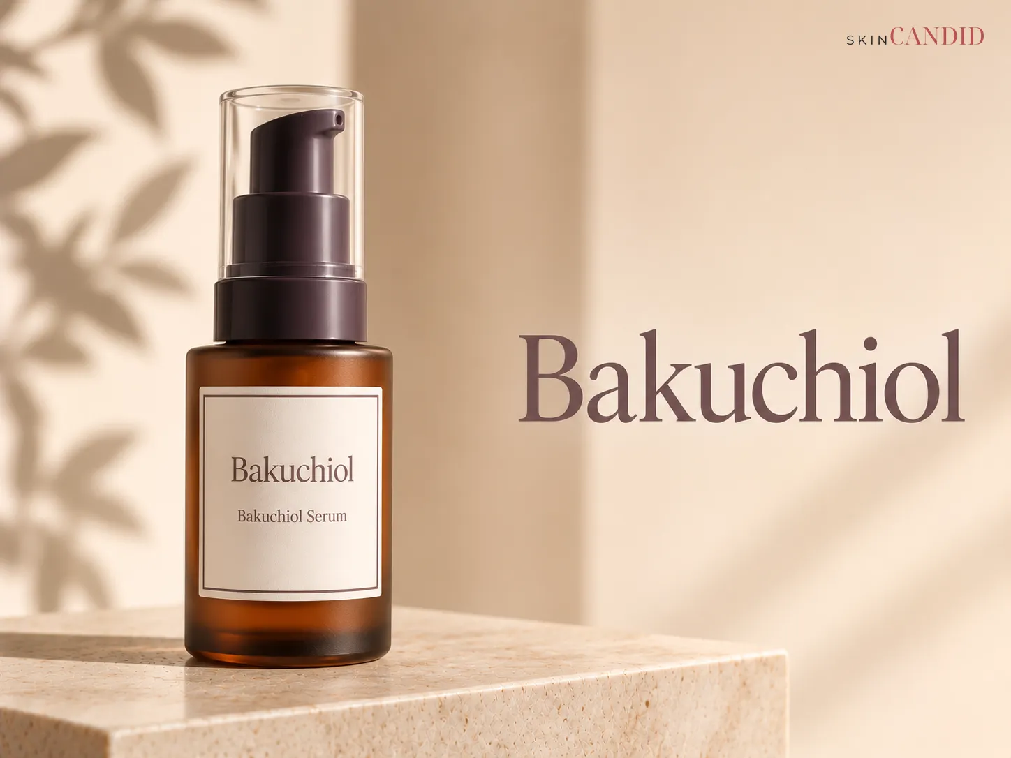 Bakuchiol serum bottle in amber or opaque packaging on a warm neutral background beside the title Bakuchiol.
