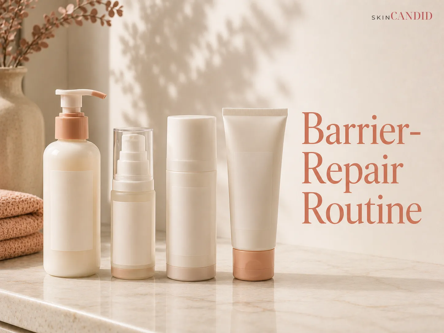 Unbranded cleanser, hydrating serum, barrier cream and sunscreen arranged for a barrier-repair routine.