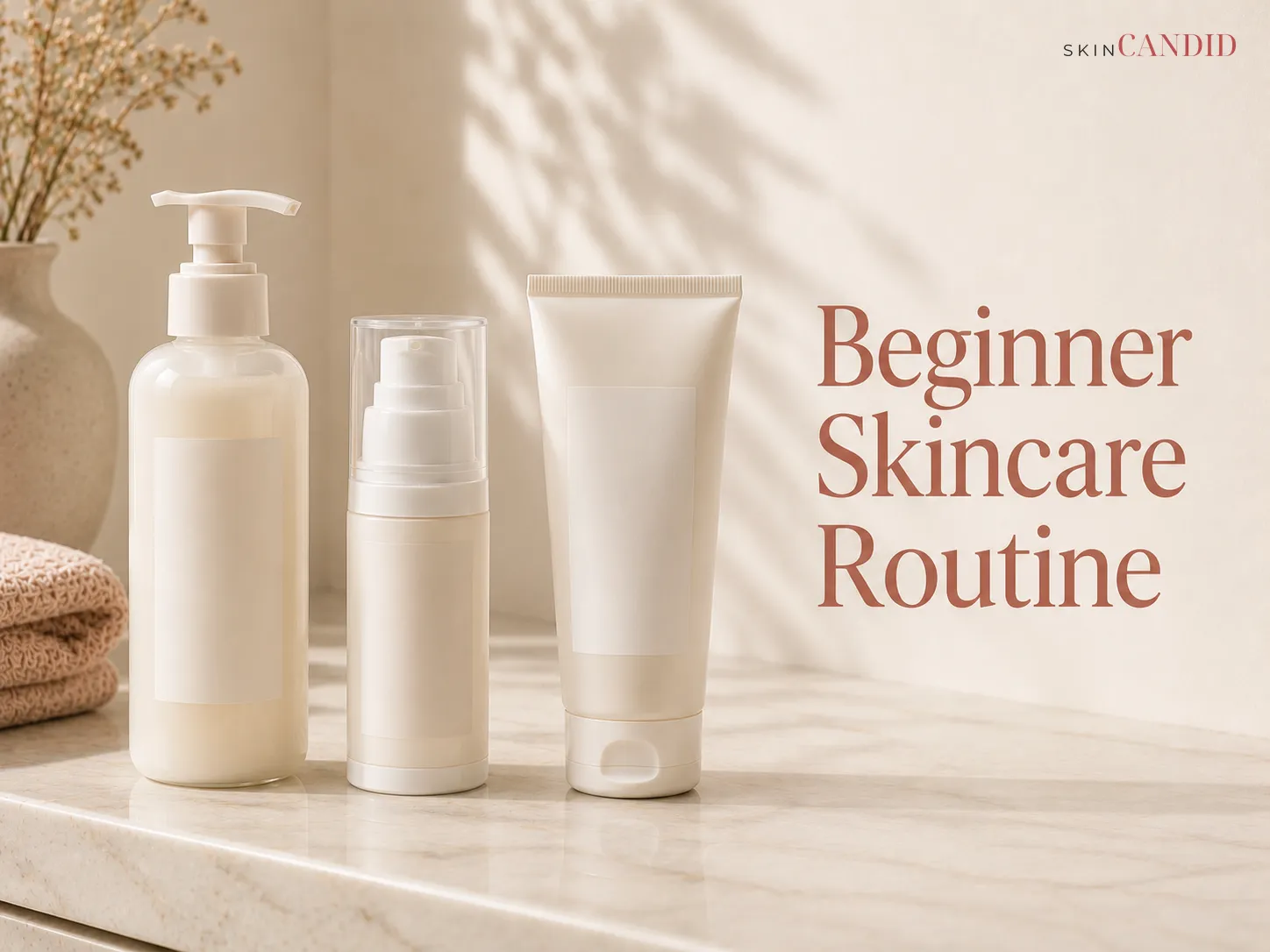 Unbranded cleanser, moisturizer and sunscreen arranged for a beginner skincare routine.