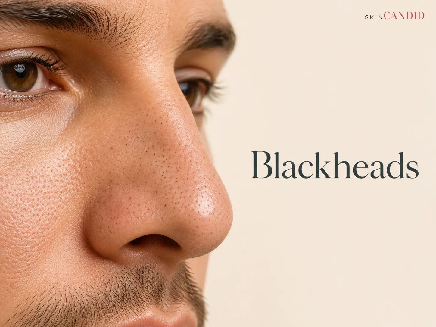 Close-up of the nose and inner cheek with several realistically sized blackheads and natural pores.