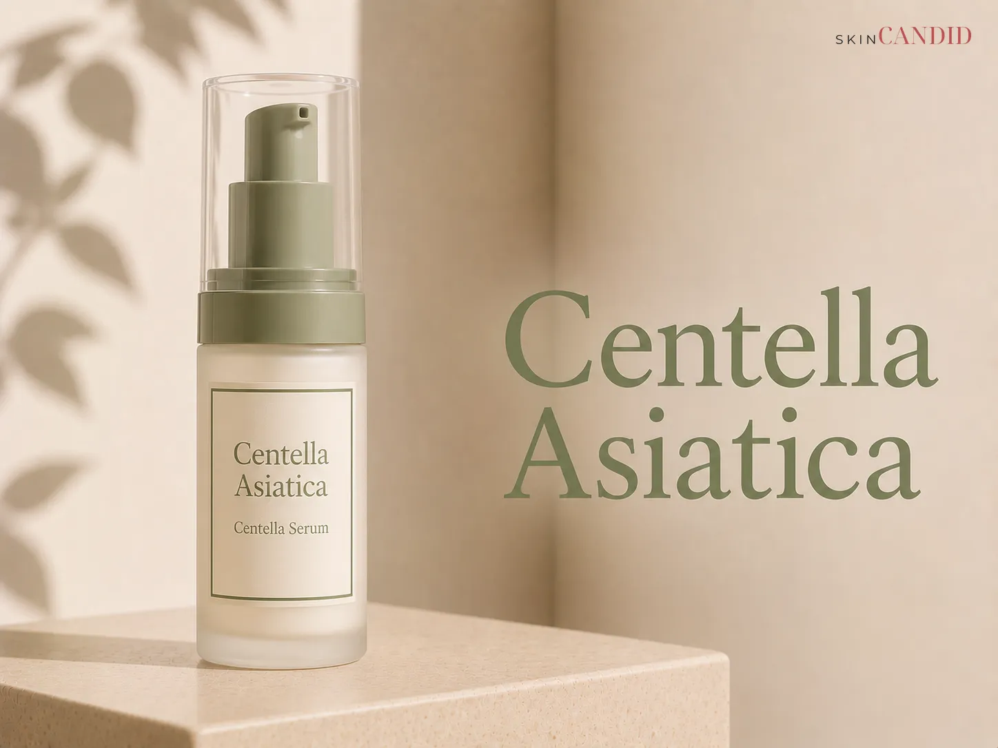 Centella Asiatica skincare ingredient hero visual on a warm neutral Skin Candid background.