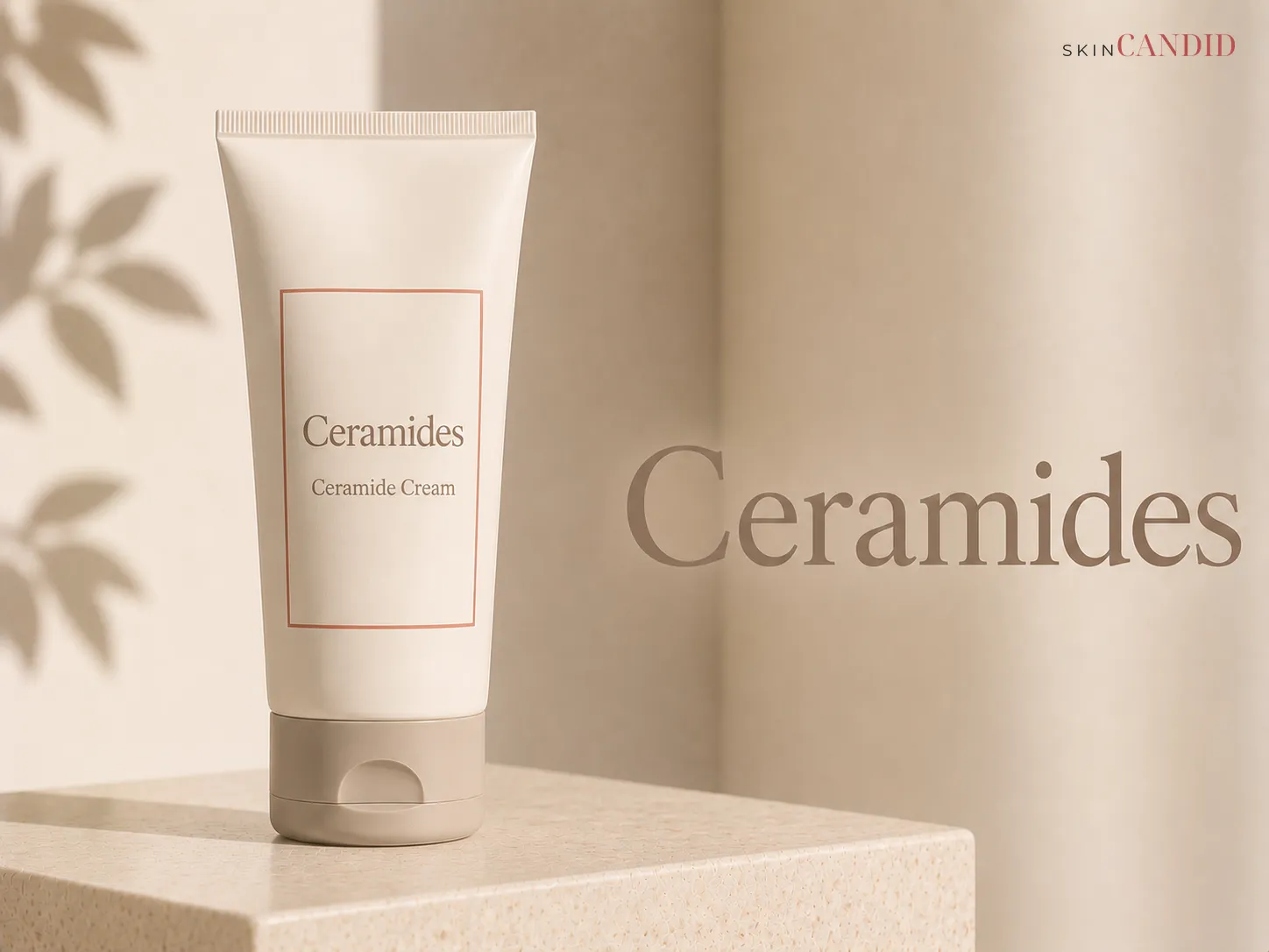 Ceramide barrier cream in an opaque airless pump or squeeze tube on a warm neutral background beside the title Ceramides.