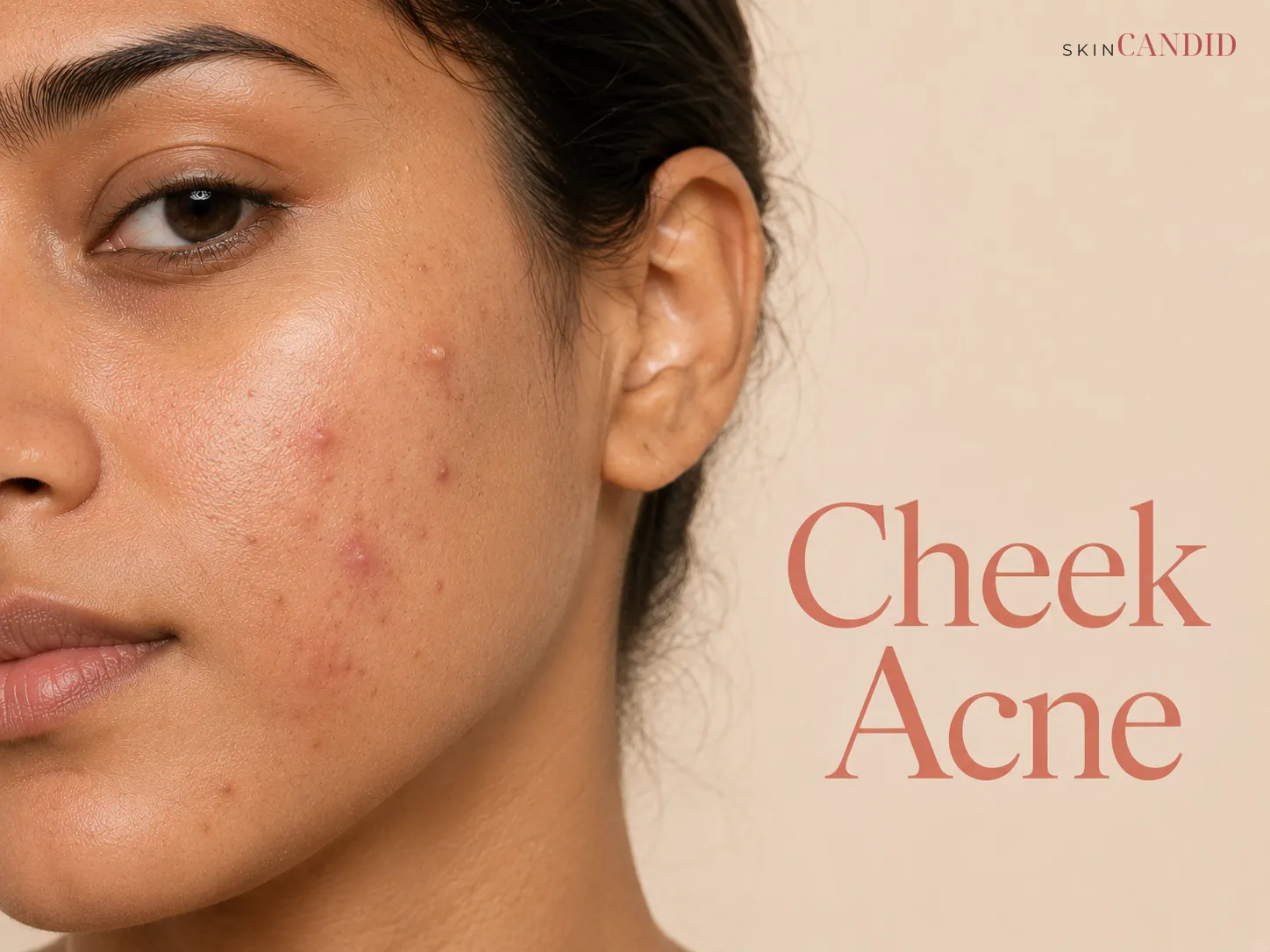 Close-up of cheek with mild-to-moderate inflammatory acne, closed comedones and flat healing marks.
