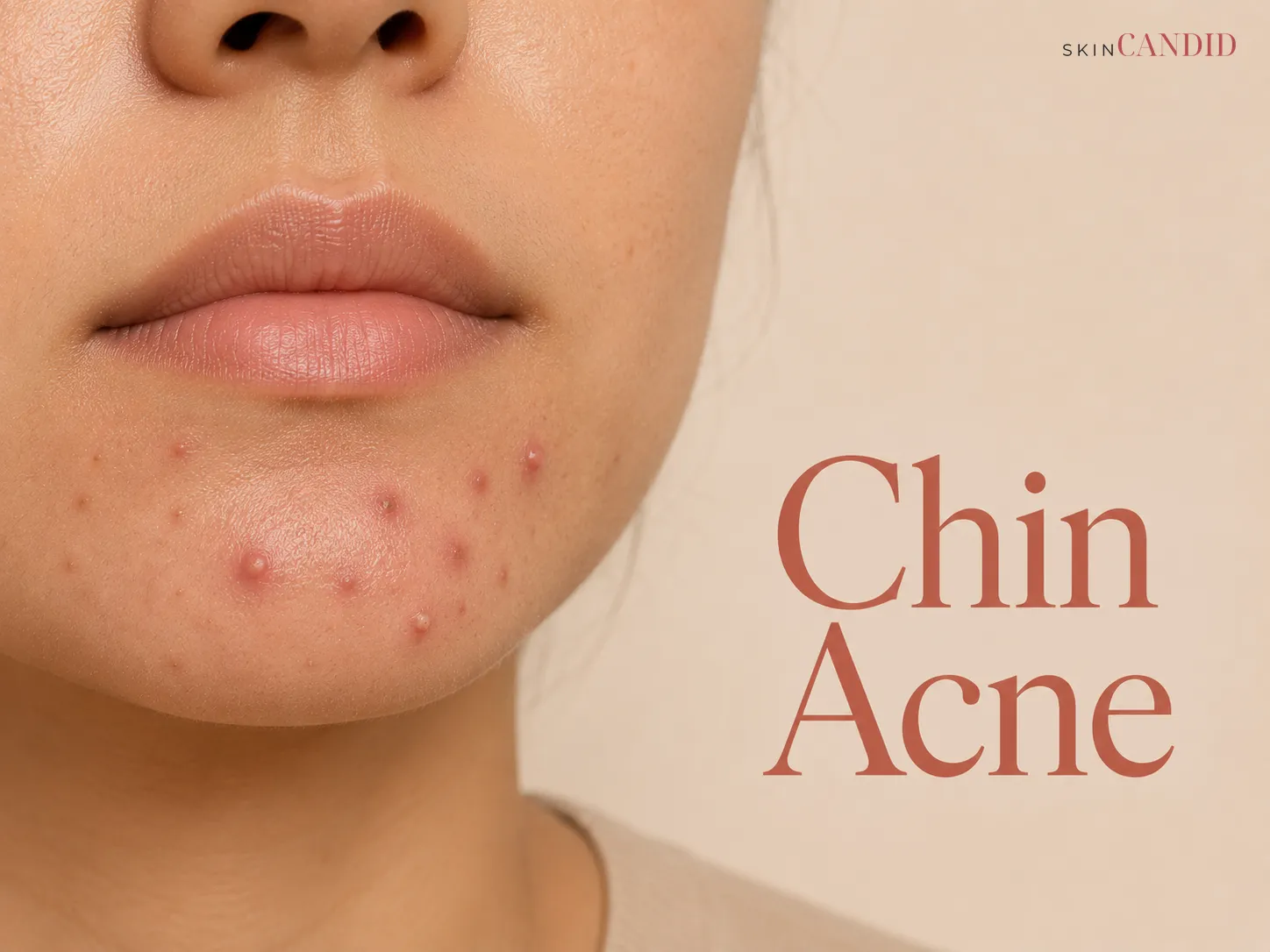 Close-up of chin with small inflammatory papules, a few pustules, closed comedones and flat healing marks.