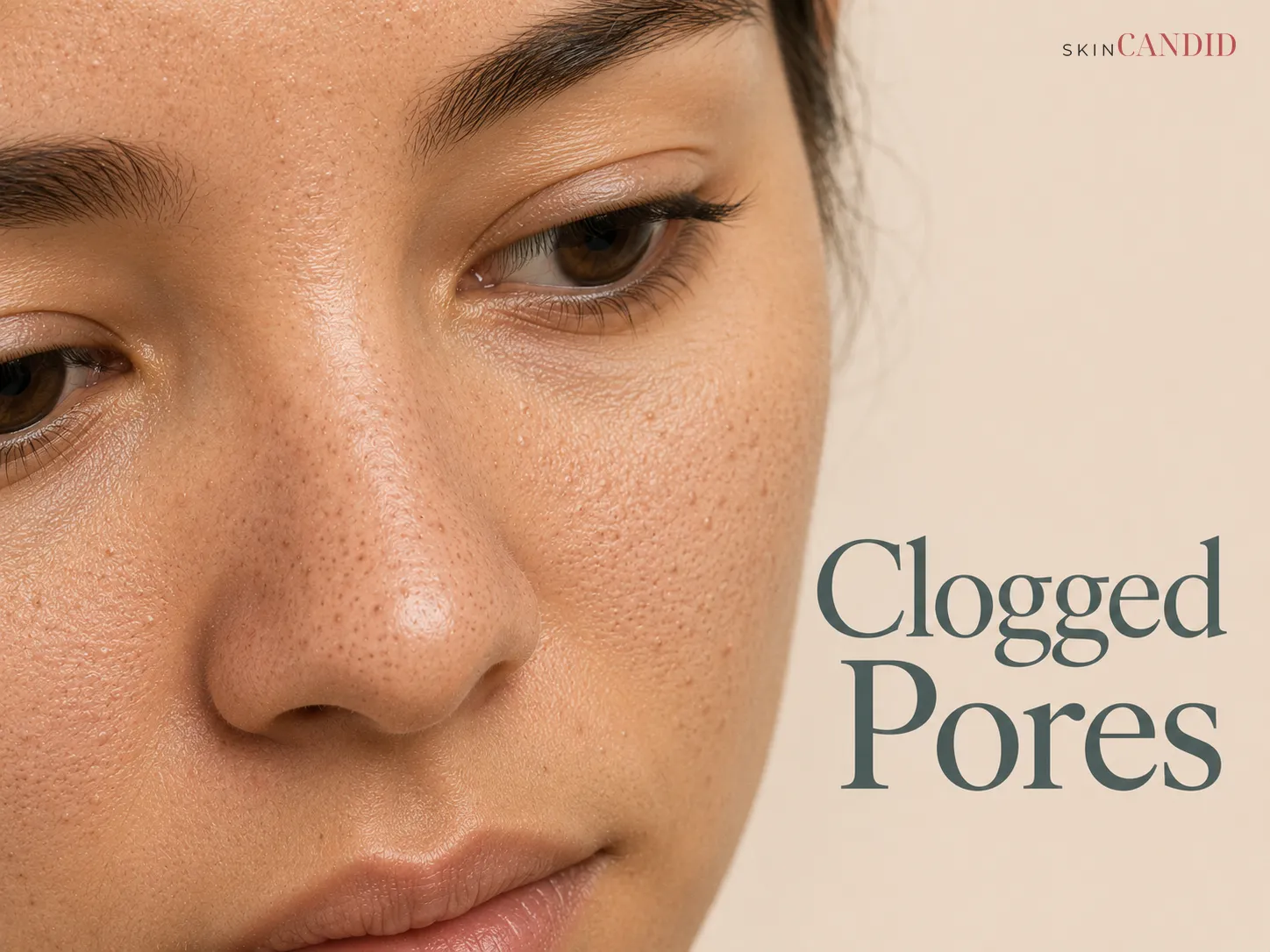Close-up of nose and inner cheeks with subtle closed comedones, small blackheads and mildly uneven pore texture.