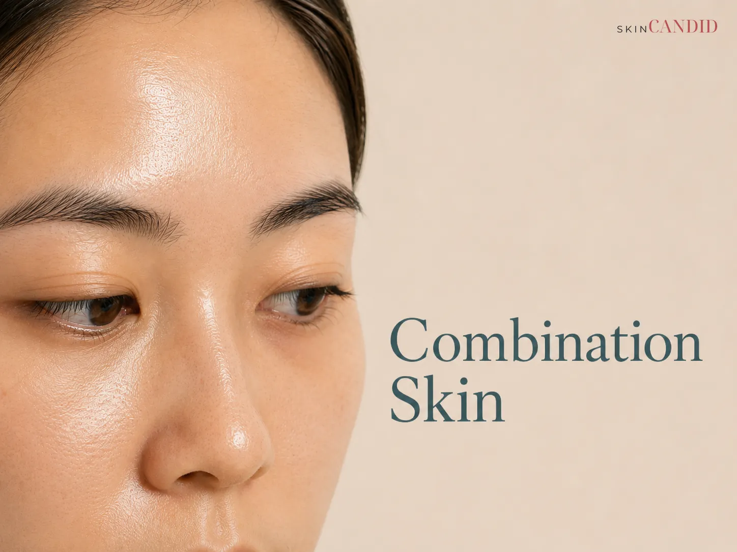 Partial face showing a lightly shiny T-zone and a balanced-to-slightly-dry outer cheek.