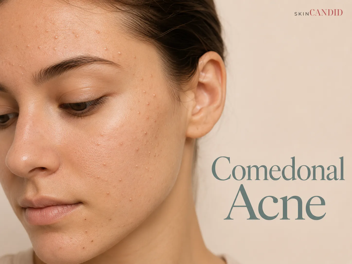 Close-up of forehead, temples and chin with numerous small closed comedones, several blackheads and minimal redness.