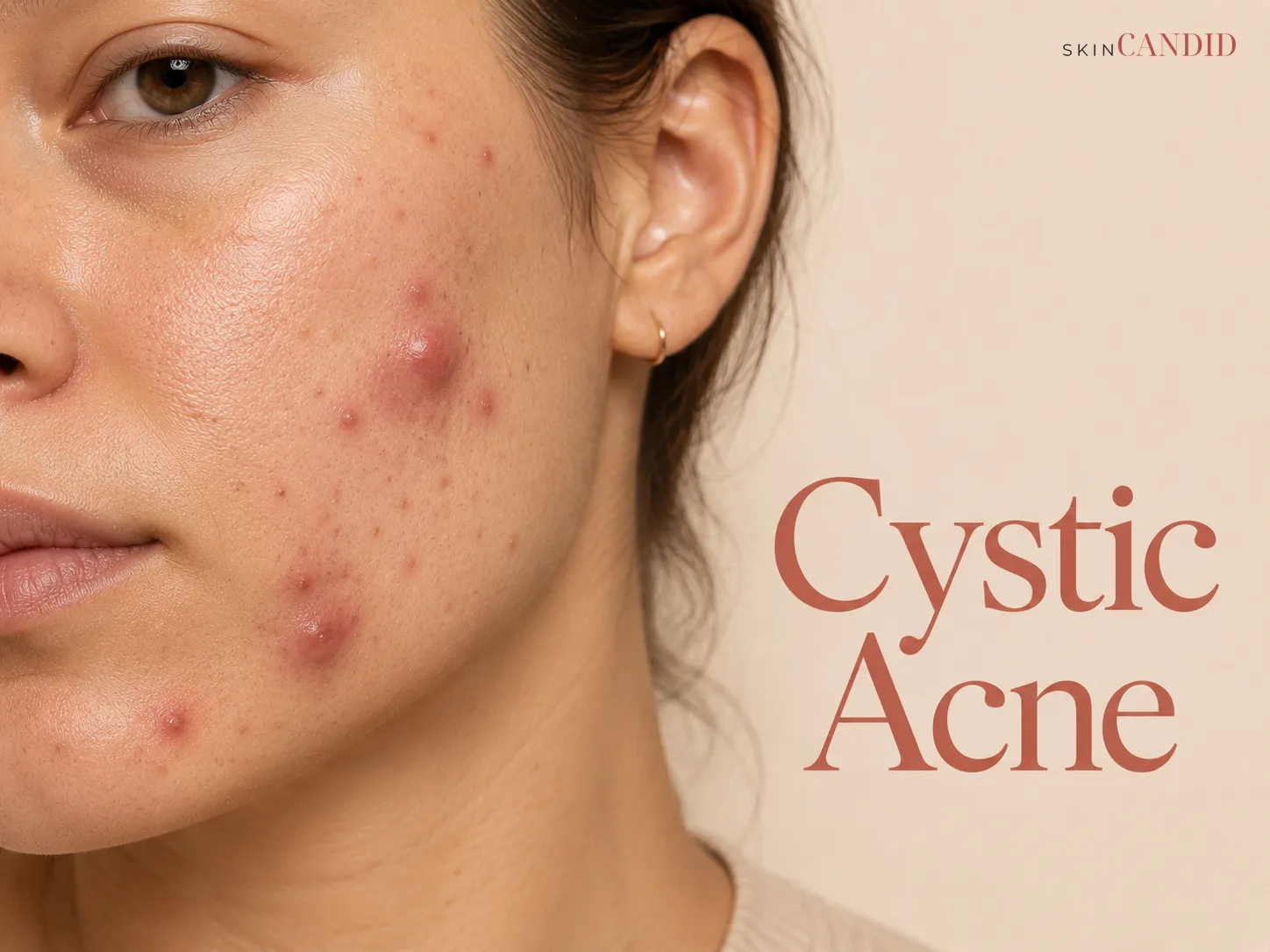 Close-up of cheek and jaw with several deep raised inflamed cystic acne lesions, smaller papules and mild surrounding redness.