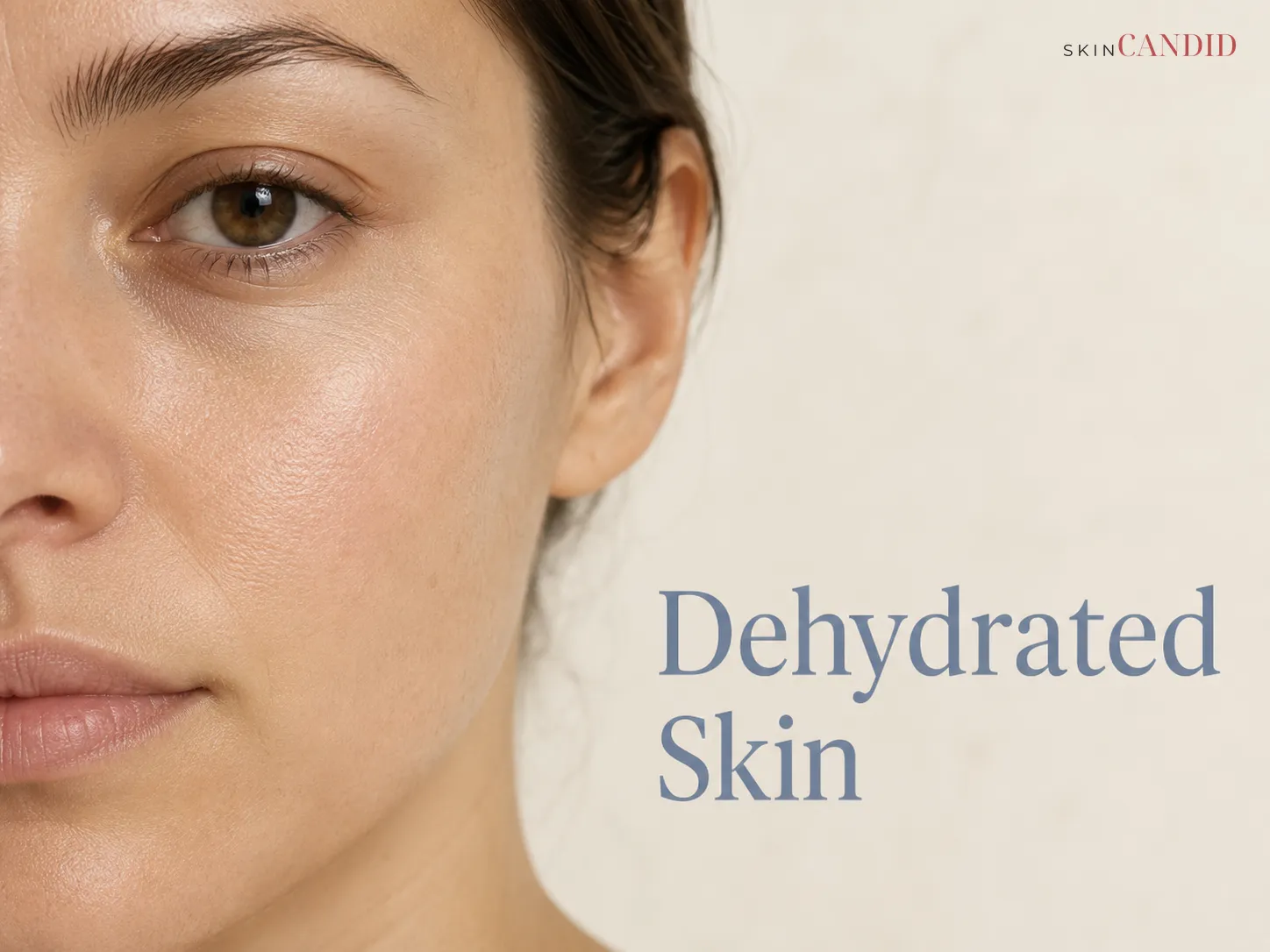 Close-up of the cheek and eye area with subtle dehydration lines and mildly tight-looking texture.