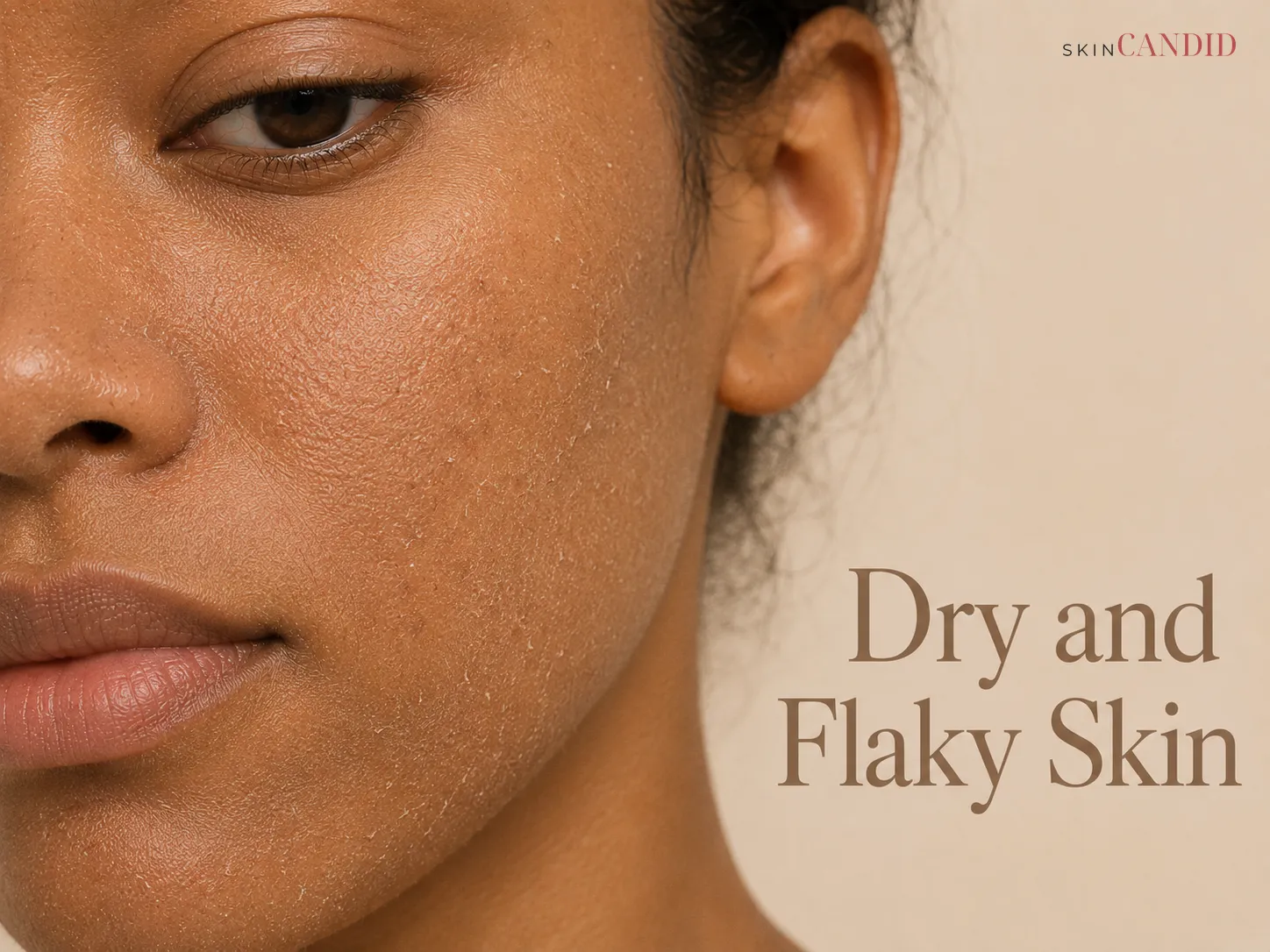 Close-up of medium-to-deep skin with fine surface flakes, rough texture and a matte finish around the cheek, nose and mouth.