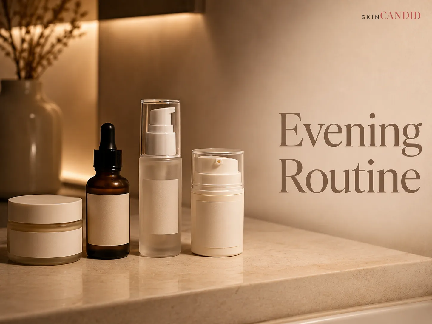 Unbranded cleanser, treatment serum, hydrating serum and moisturizer arranged for an evening skincare routine.