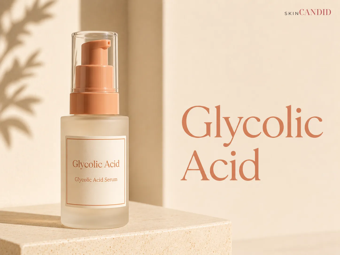 Glycolic acid serum or treatment bottle in frosted or opaque packaging on a warm neutral background beside the title Glycolic Acid.