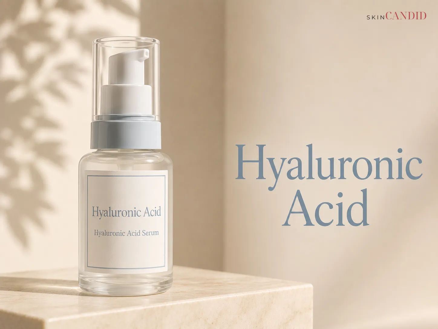 Hyaluronic acid serum bottle in clear or lightly frosted packaging on a warm neutral background beside the title Hyaluronic Acid.