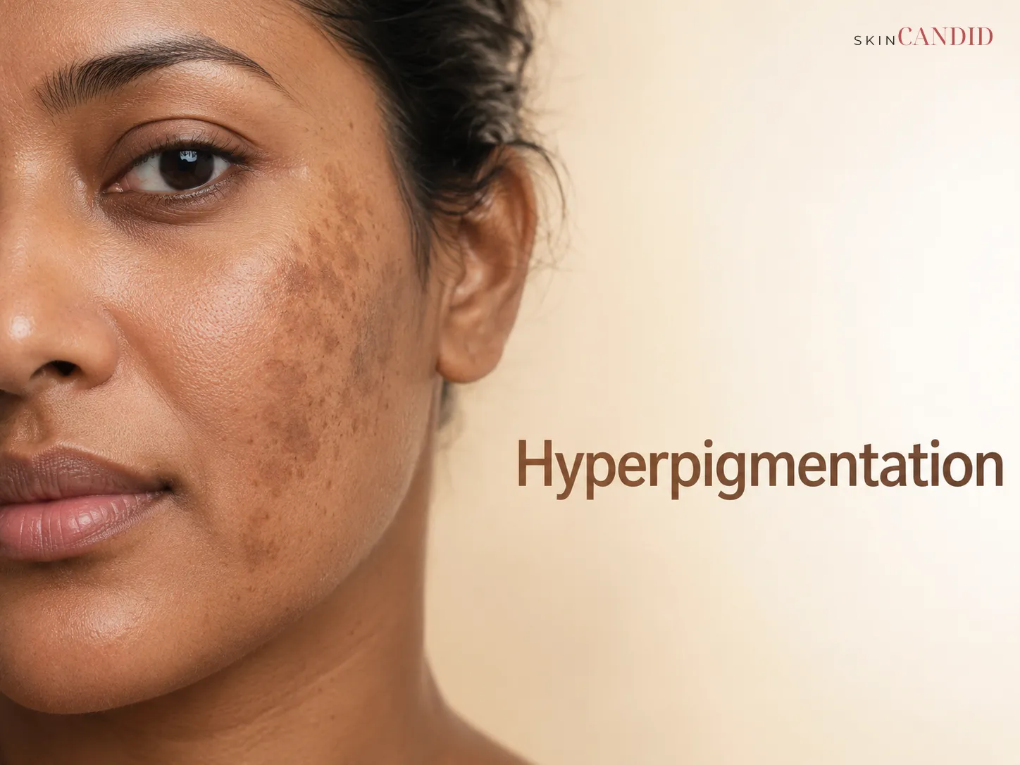 Close-up of medium-to-deep skin with several irregular flat areas of brown or grey-brown hyperpigmentation.