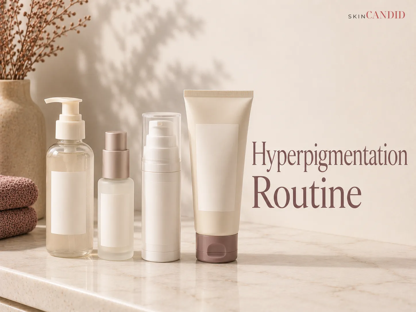 Unbranded cleanser, treatment serum, moisturizer and prominent sunscreen arranged for a hyperpigmentation routine.