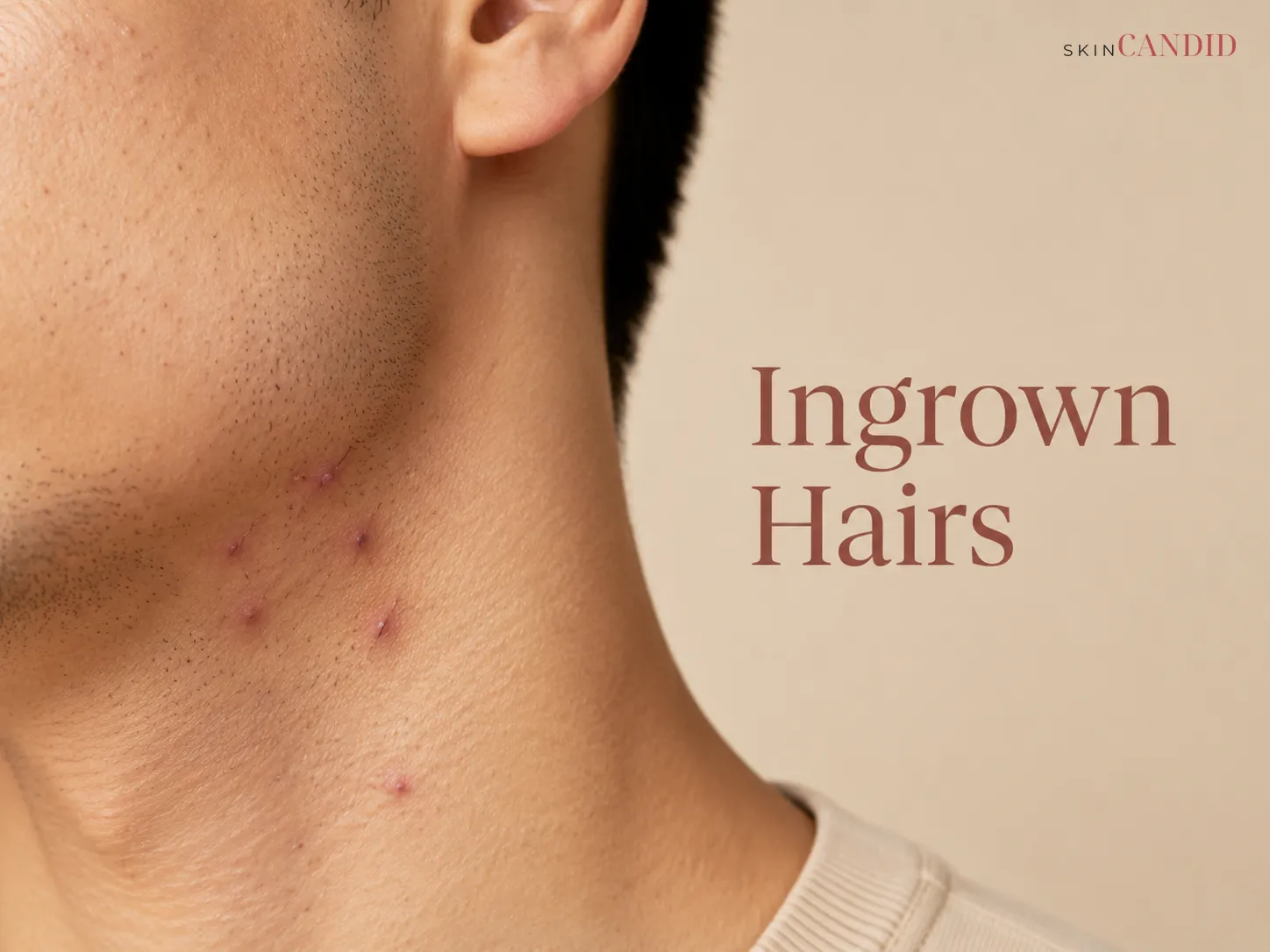 Close-up of skin with several small inflamed follicular bumps and two visible trapped hairs.