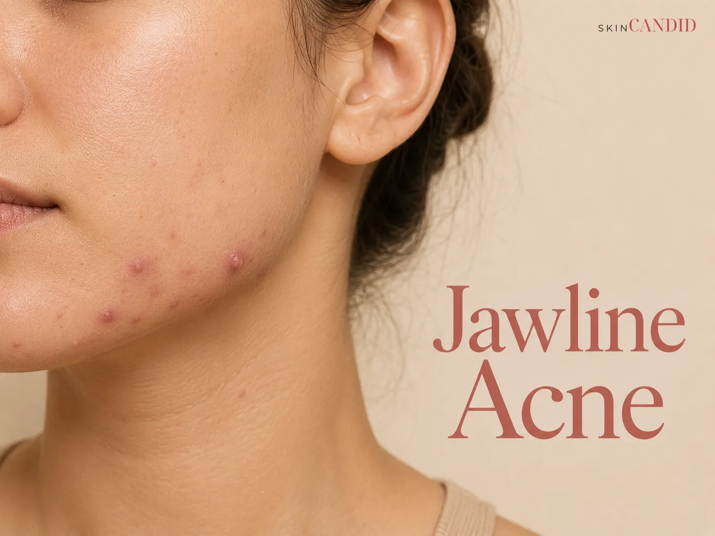 Close-up of jawline and lower cheek with inflammatory papules, a few deeper raised blemishes and flat healing marks.