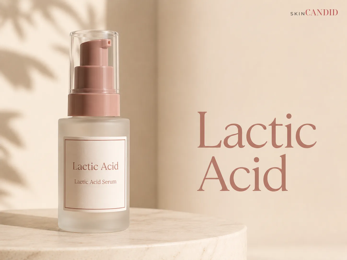 Lactic acid serum bottle in frosted or opaque packaging on a warm neutral background beside the title Lactic Acid.
