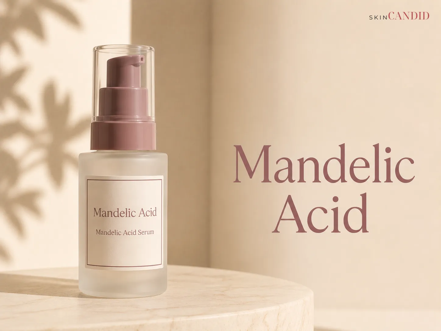 Mandelic acid serum bottle in frosted or opaque packaging on a warm neutral background beside the title Mandelic Acid.