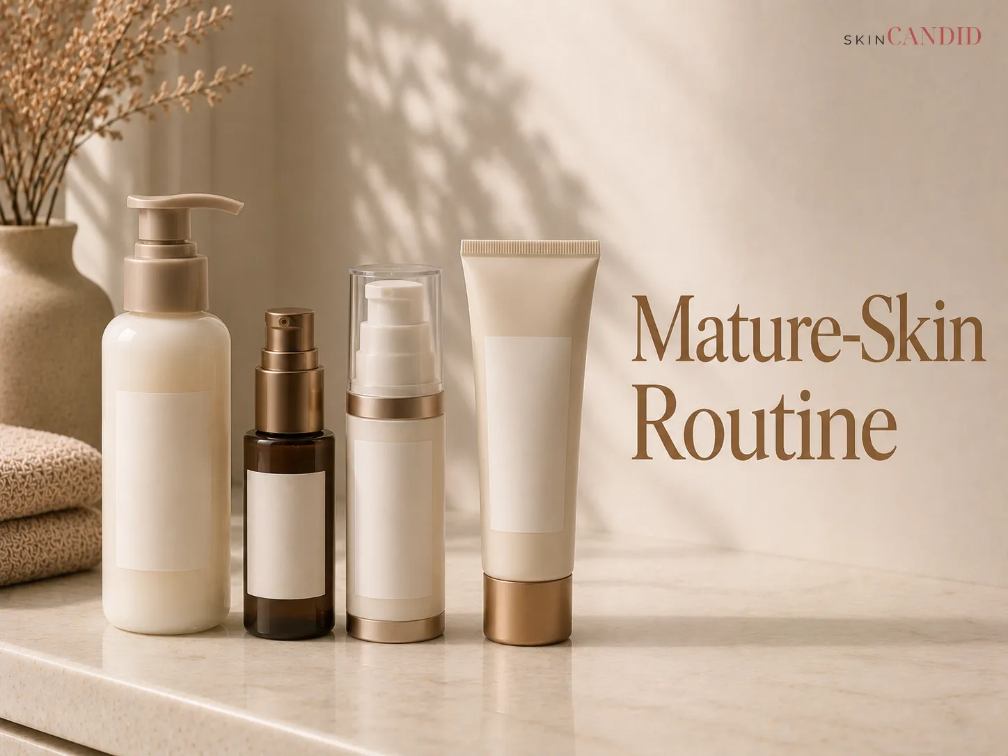 Unbranded cleanser, treatment serum, nourishing moisturizer and sunscreen arranged for a mature-skin routine.