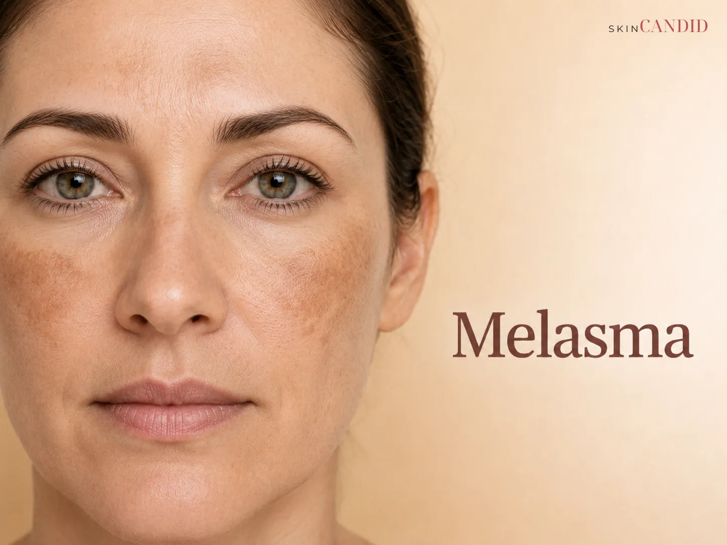 Medium-toned skin with flat irregular brown-grey melasma patches across the upper cheeks and forehead.