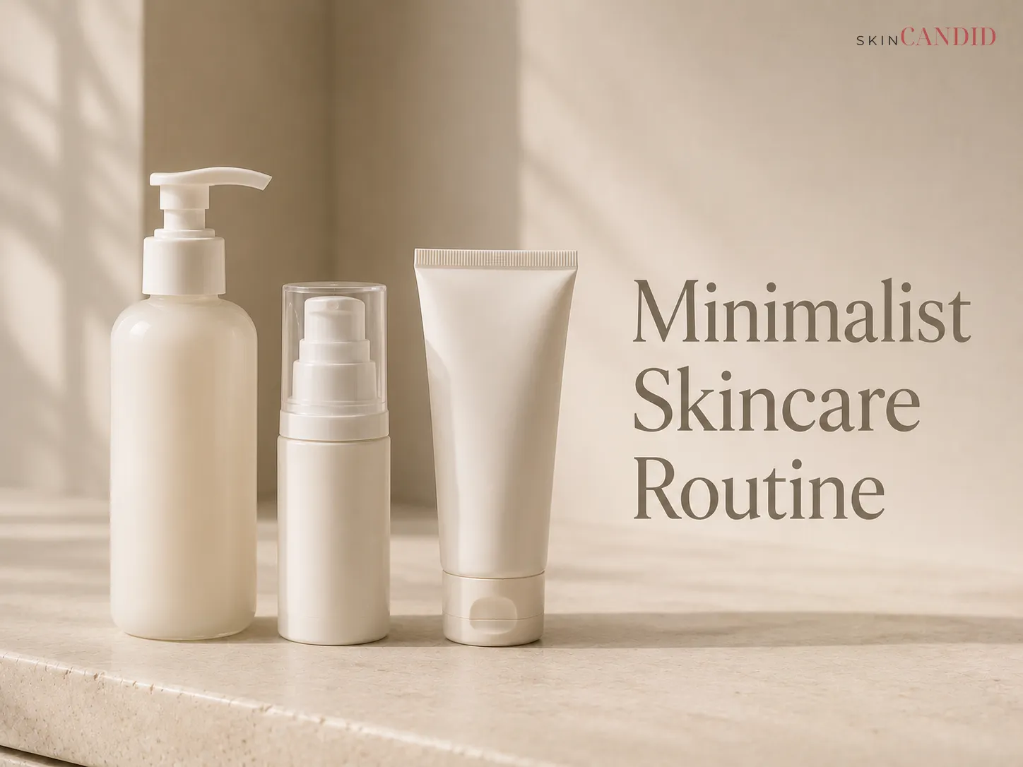 Unbranded cleanser, moisturizer and sunscreen arranged as a minimalist skincare routine.