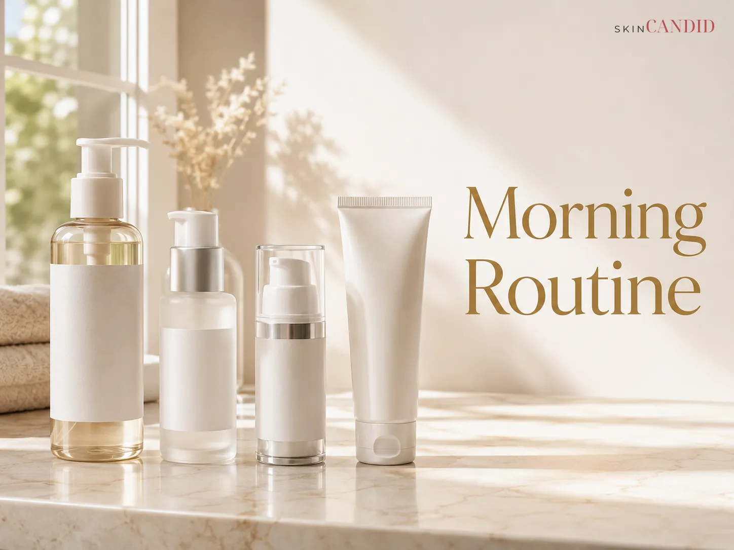 Unbranded cleanser, serum, moisturizer and sunscreen arranged for a morning skincare routine.