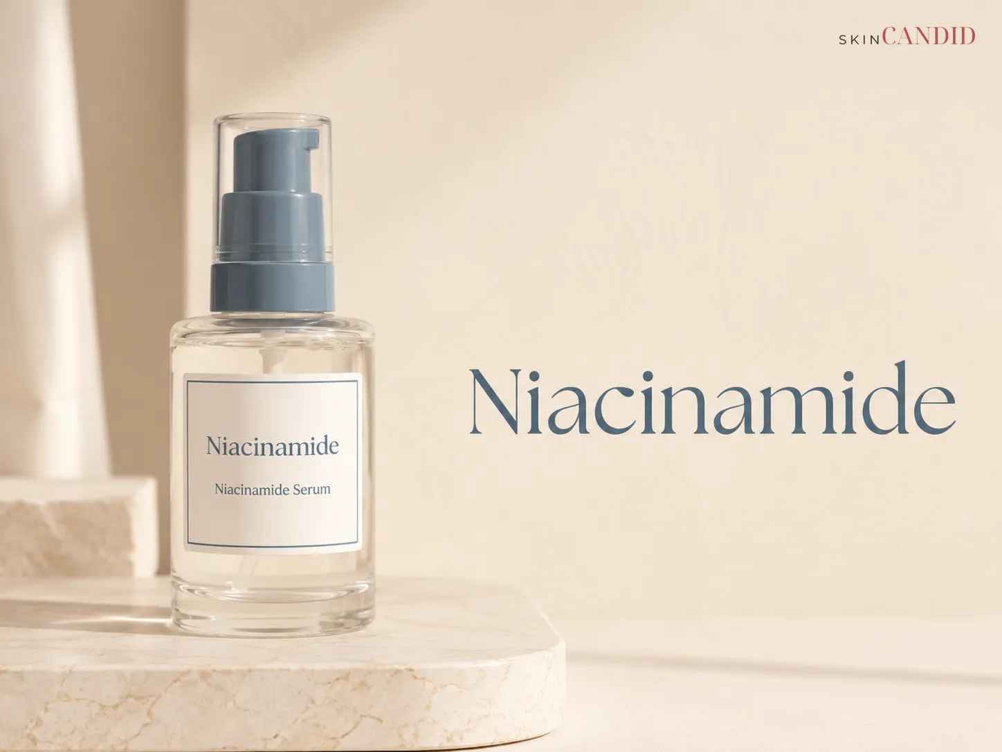 Niacinamide serum bottle in clear or lightly frosted glass on a warm neutral background beside the title Niacinamide.