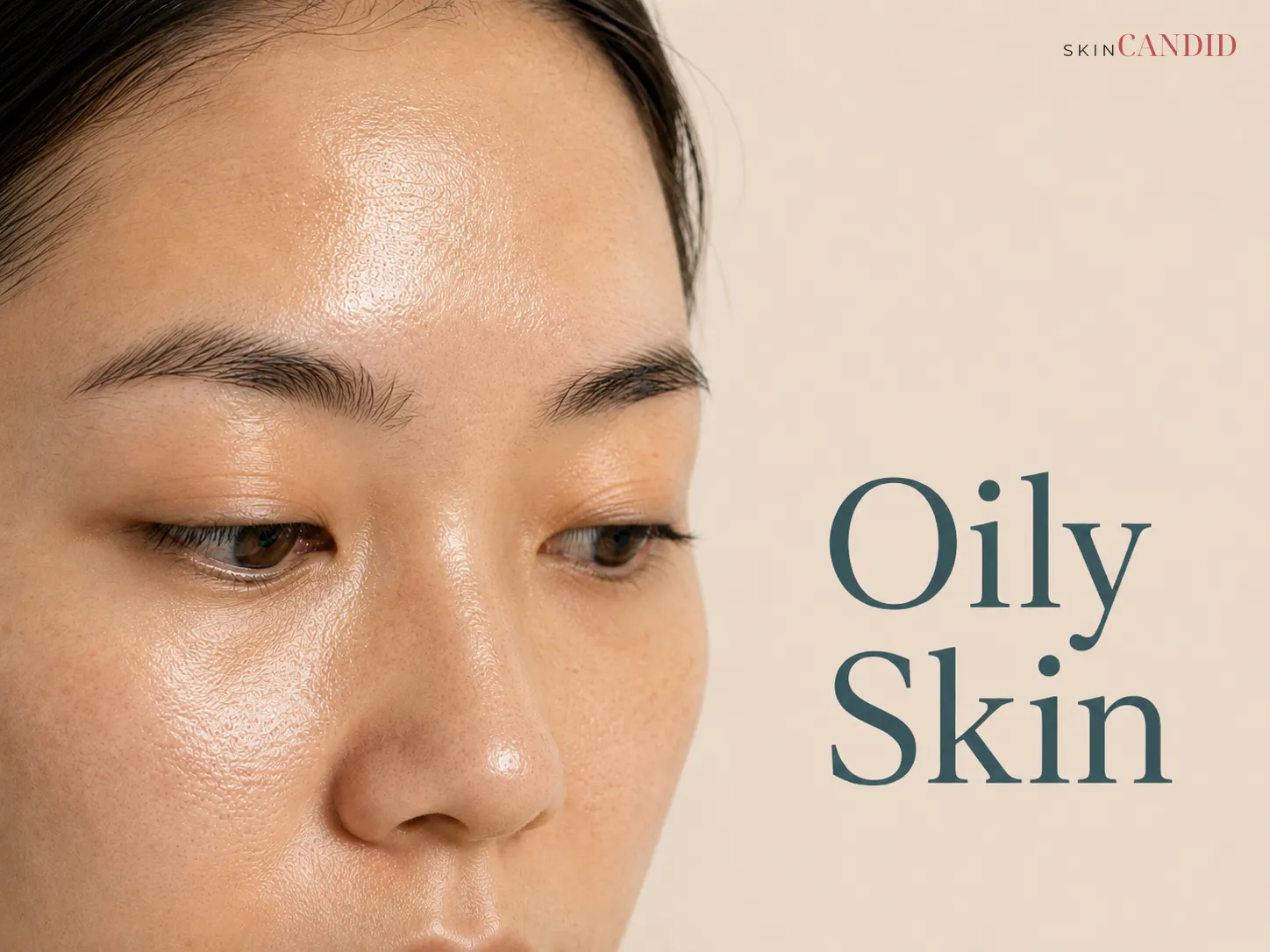 Close-up of the forehead, nose and upper cheek with a natural oily sheen across the T-zone.