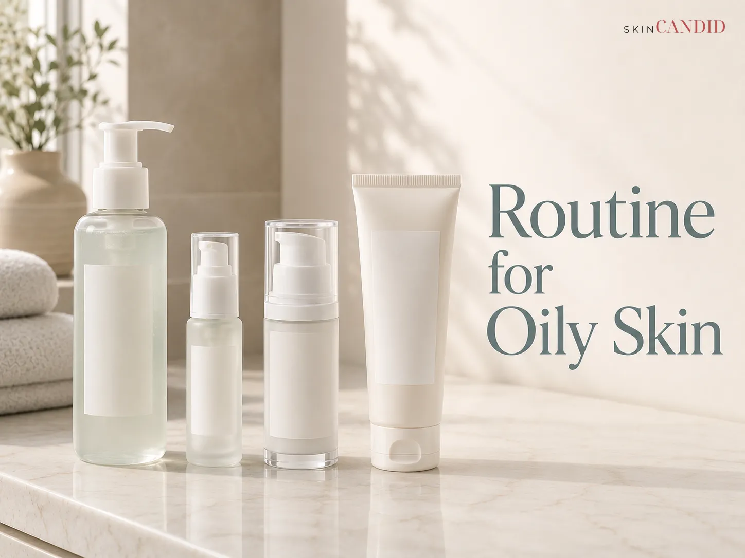 Unbranded gel cleanser, lightweight serum, gel moisturizer and sunscreen arranged for an oily-skin routine.