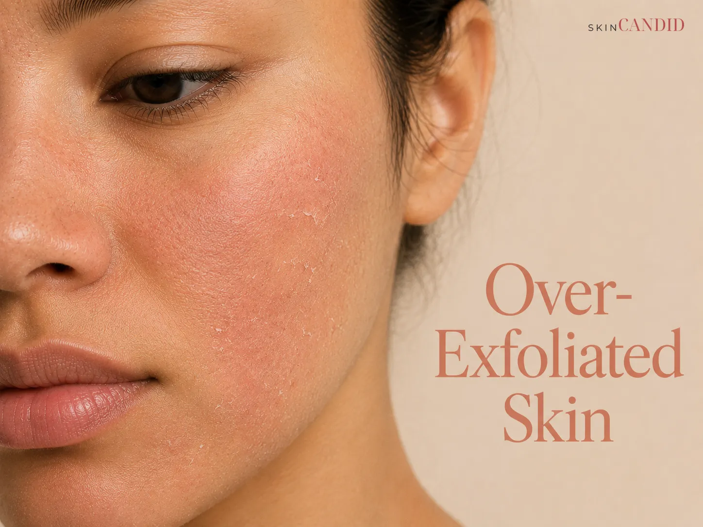Close-up of cheek, nose and mouth area with diffuse irritation, fine peeling and mild patchy roughness from over-exfoliation.