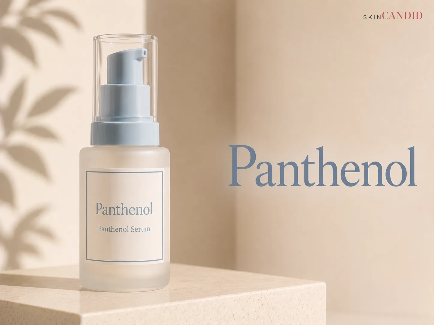 Panthenol skincare ingredient hero visual on a warm neutral Skin Candid background.