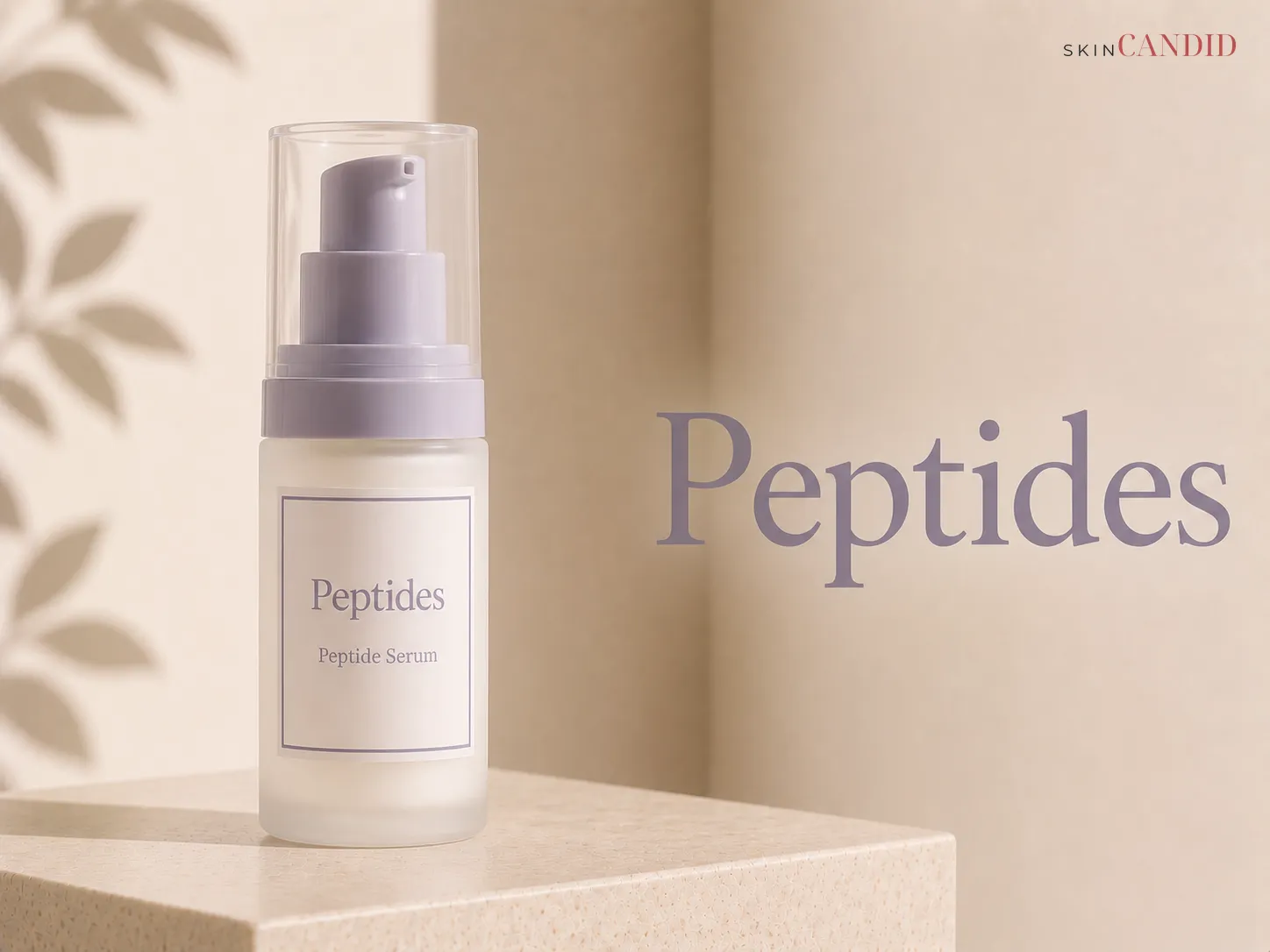 Peptide serum bottle in opaque or frosted pump packaging on a warm neutral background beside the title Peptides.