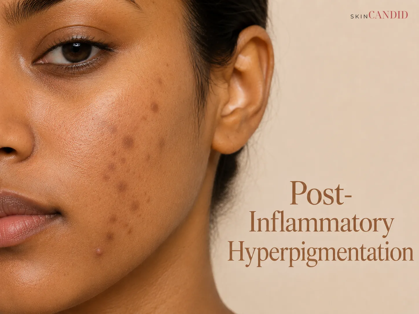Close-up of medium-to-deep skin with flat brown and grey-brown post-inflammatory hyperpigmentation marks after healed blemishes.