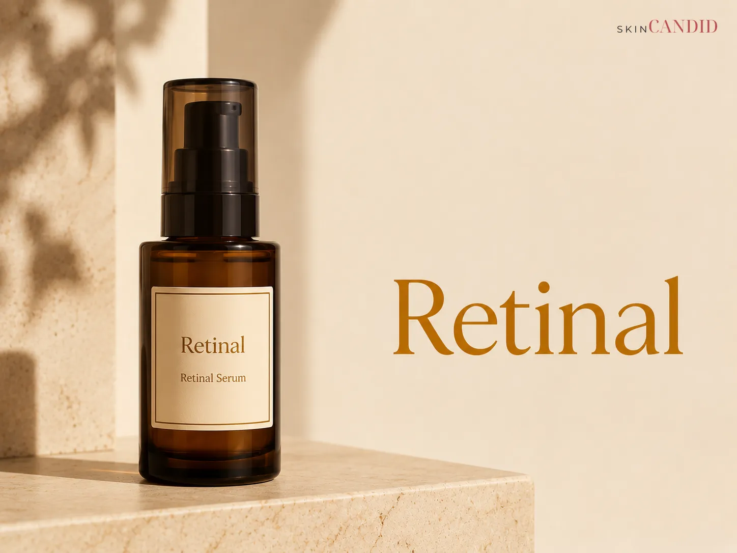 Retinal serum product in dark amber or opaque packaging on a warm neutral background beside the title Retinal.