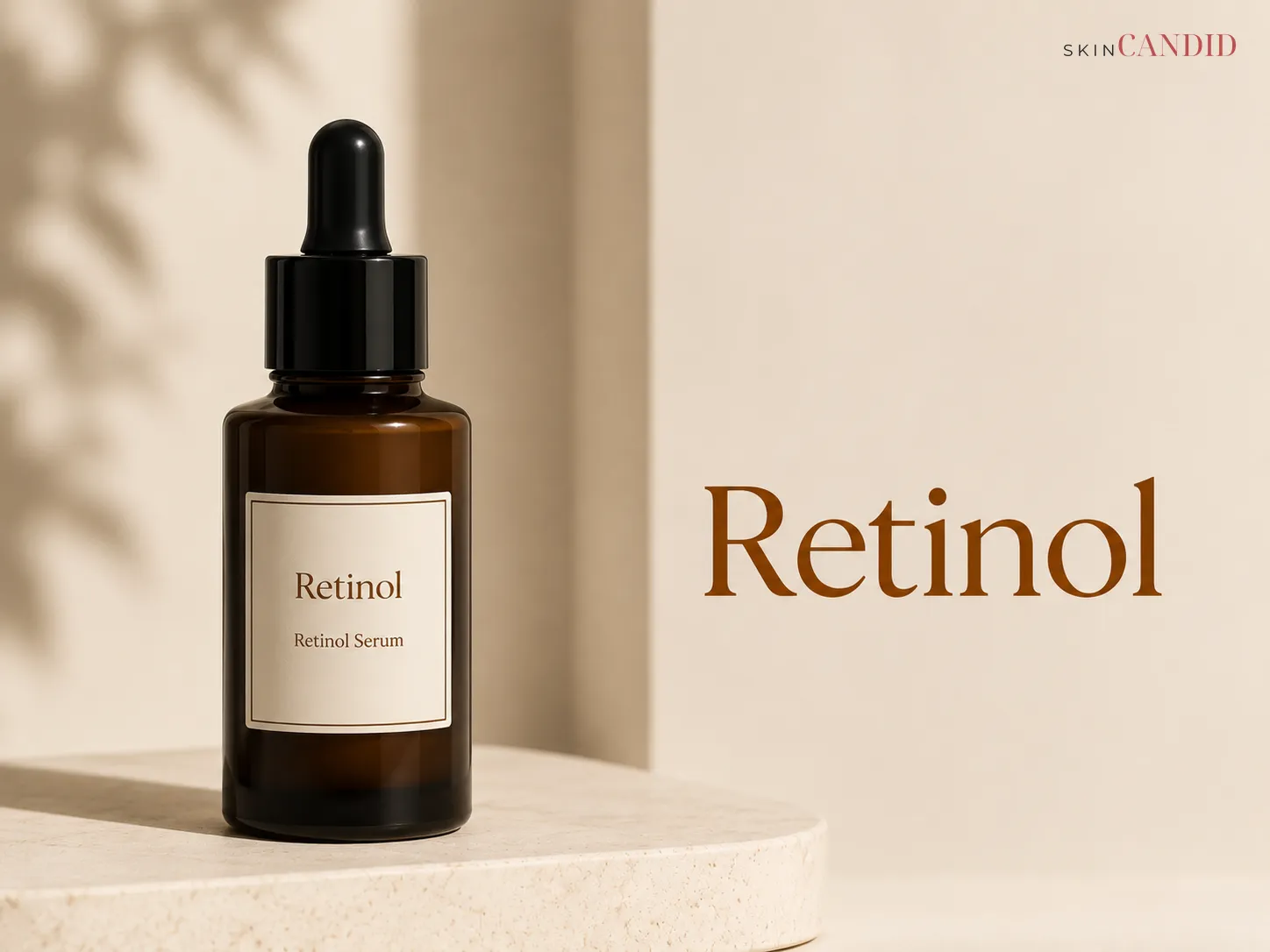 Retinol serum bottle in dark amber or opaque light-protective packaging on a warm neutral background beside the title Retinol.