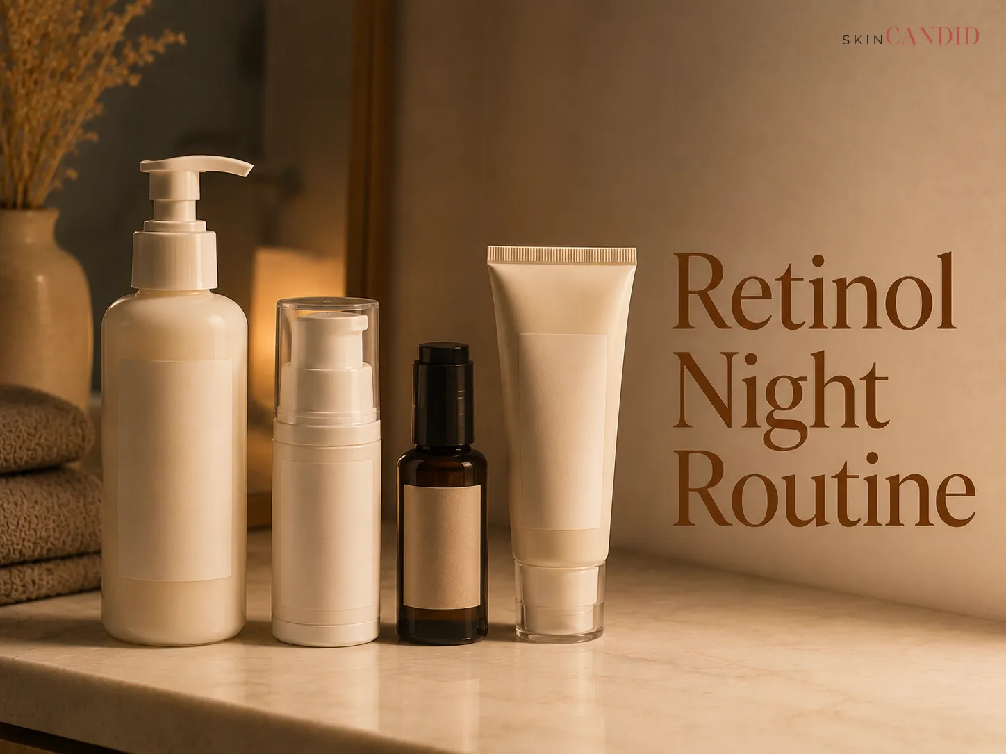 Unbranded cleanser, moisturizers and dark light-protective retinol packaging arranged for a retinol night routine.