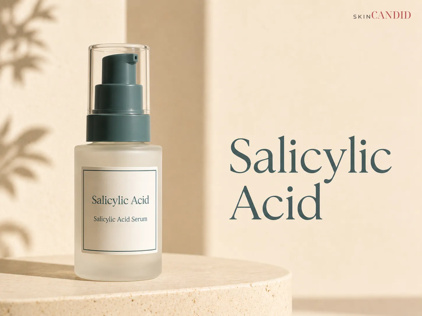 Salicylic acid serum bottle in frosted or opaque packaging on a warm neutral background beside the title Salicylic Acid.