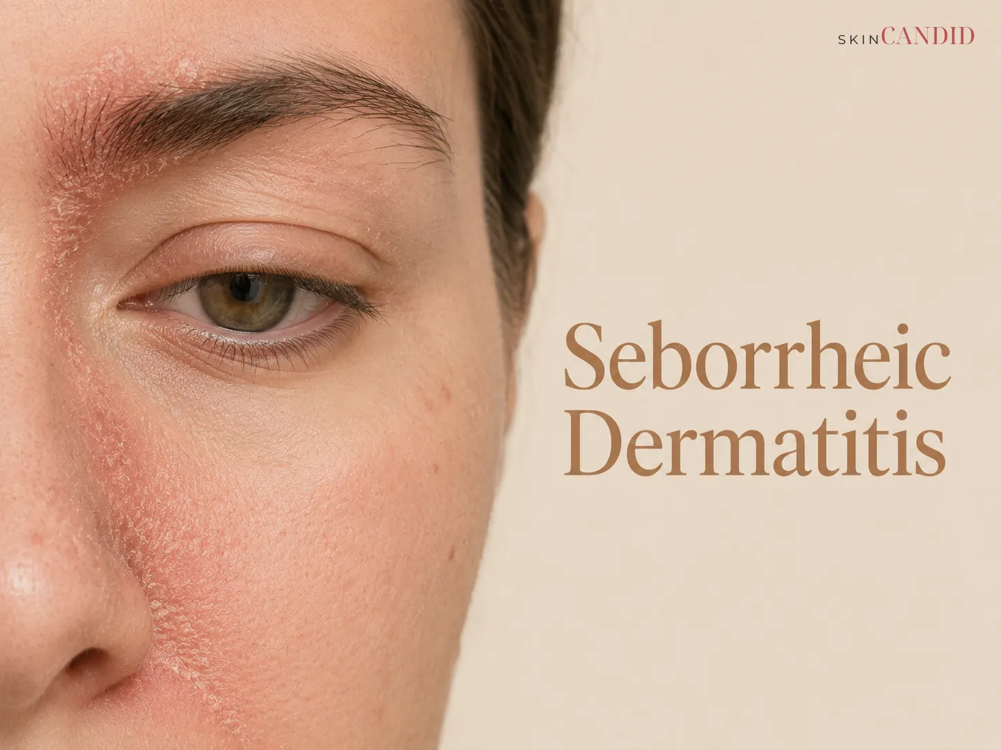 Close-up of the eyebrow and side of the nose with mild redness and fine greasy-looking scale.