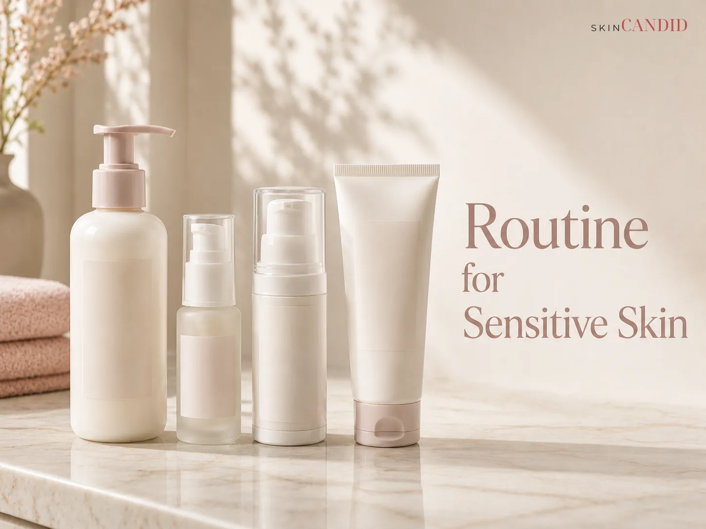 Unbranded gentle cleanser, soothing serum, barrier moisturizer and sunscreen arranged for a sensitive-skin routine.