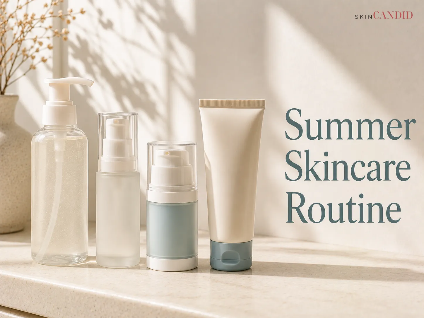 Unbranded gel cleanser, lightweight serum, gel moisturizer and sunscreen arranged for a summer skincare routine.